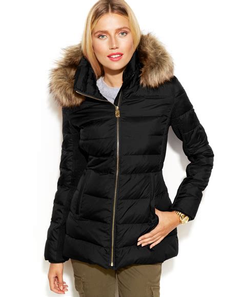 michael kors hooded faux fur trim down puffer coat|Michael Kors lightweight down jacket.